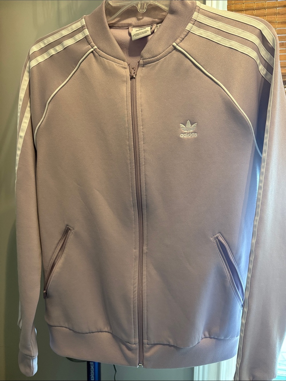 Adidas Women's Mauve Bomber Jacket with White Stripes